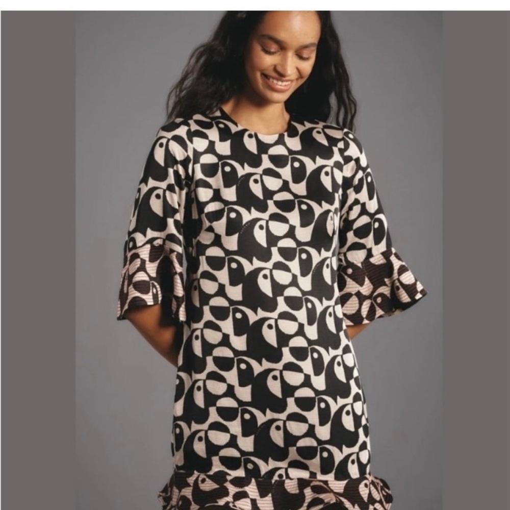 Farm Rio Black and White Patterned Dress with Ruffle Sleeves L